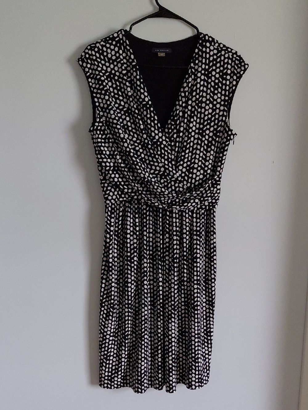 Tommy Hilfiger Black White Polka Dot Faux Wrap Dress Drape Sleeveless Career